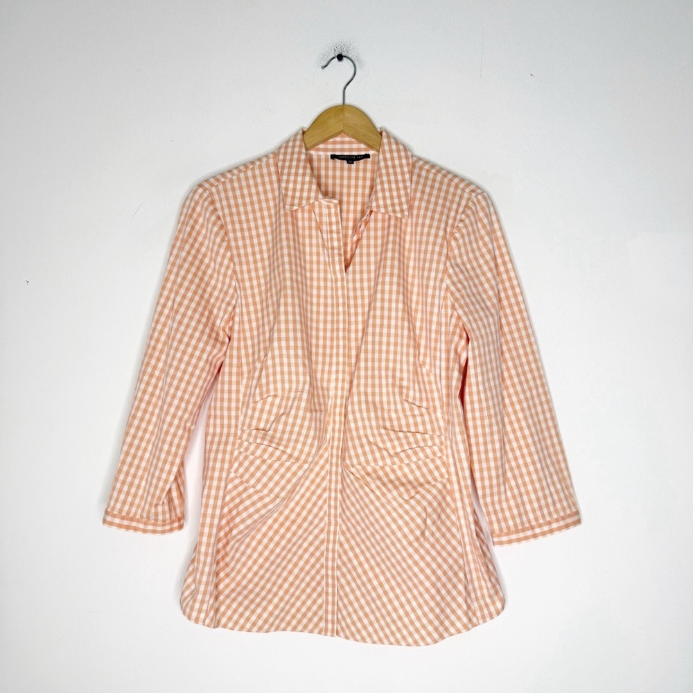 Lafayette 148 New York Gingham Button-Up Blouse Size 14 Peach White